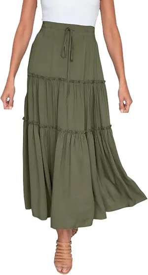 Long Skirts for Women Summer Casual Boho Flowy A Line Elastic Tie Waist Tiered Ruffle Swing Pleated Maxi Skirt Dress