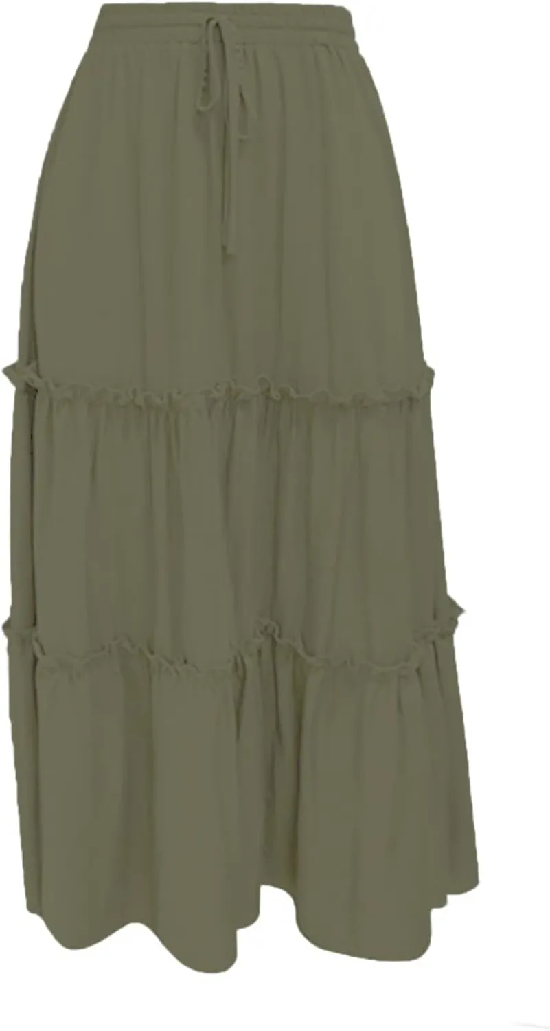 Long Skirts for Women Summer Casual Boho Flowy A Line Elastic Tie Waist Tiered Ruffle Swing Pleated Maxi Skirt Dress