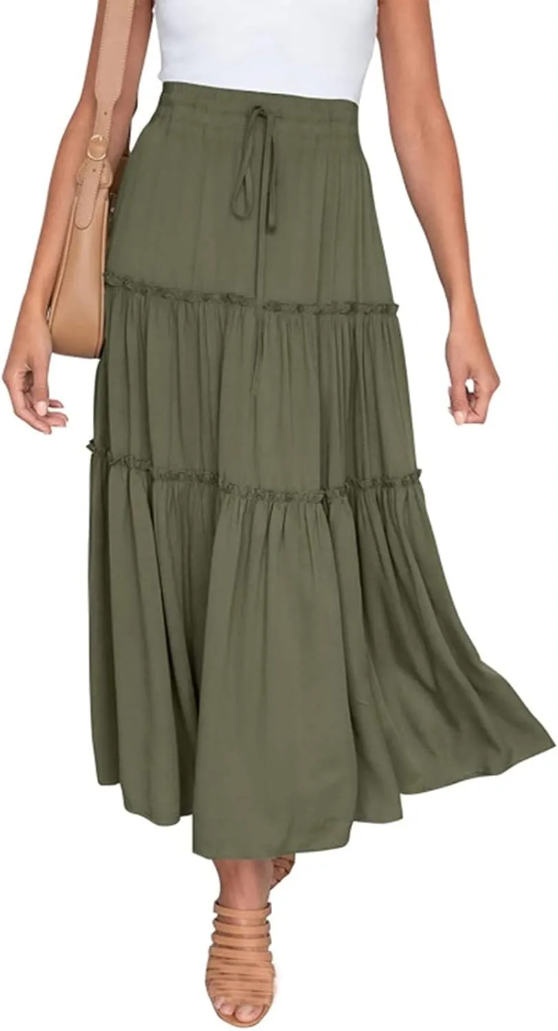 Long Skirts for Women Summer Casual Boho Flowy A Line Elastic Tie Waist Tiered Ruffle Swing Pleated Maxi Skirt Dress