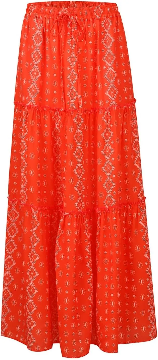 Long Skirts for Women Summer Tiered Flowy Floral Maxi Skirt High Waist Ruffle Beach Vacation Pleated Skirts w/Pockets