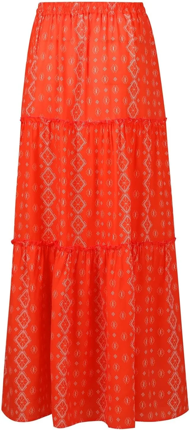 Long Skirts for Women Summer Tiered Flowy Floral Maxi Skirt High Waist Ruffle Beach Vacation Pleated Skirts w/Pockets