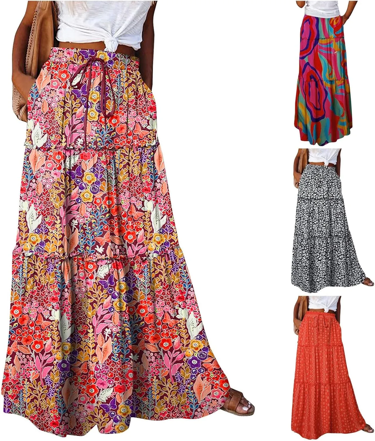 Long Skirts for Women Summer Tiered Flowy Floral Maxi Skirt High Waist Ruffle Beach Vacation Pleated Skirts w/Pockets