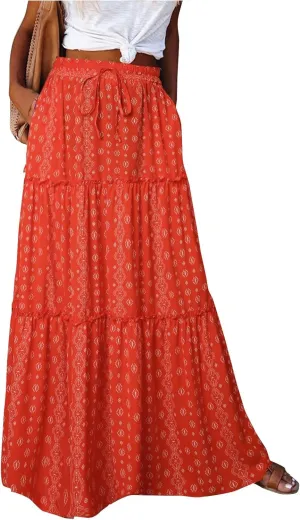 Long Skirts for Women Summer Tiered Flowy Floral Maxi Skirt High Waist Ruffle Beach Vacation Pleated Skirts w/Pockets
