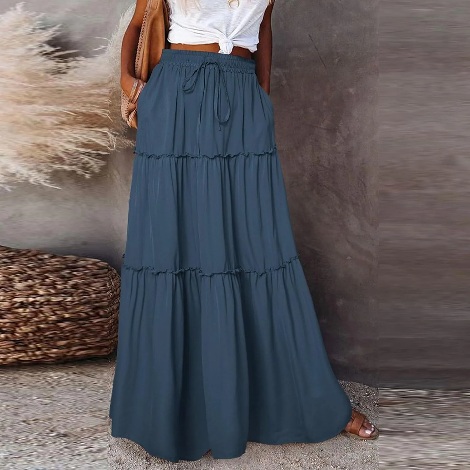 Long Skirts for Women Trendy Pleated Maxi Skirt Casual Drawstring High Waisted Flowy Tiered Long Skirt with Pockets