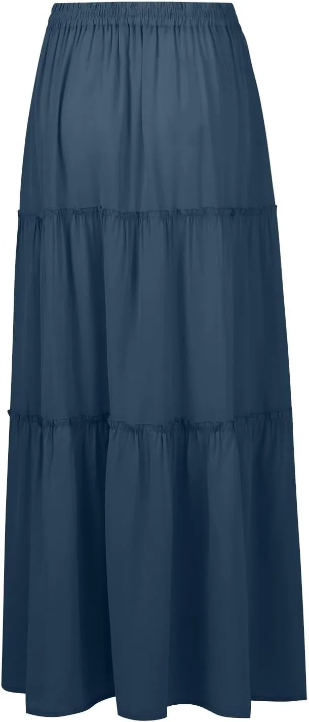 Long Skirts for Women Trendy Pleated Maxi Skirt Casual Drawstring High Waisted Flowy Tiered Long Skirt with Pockets