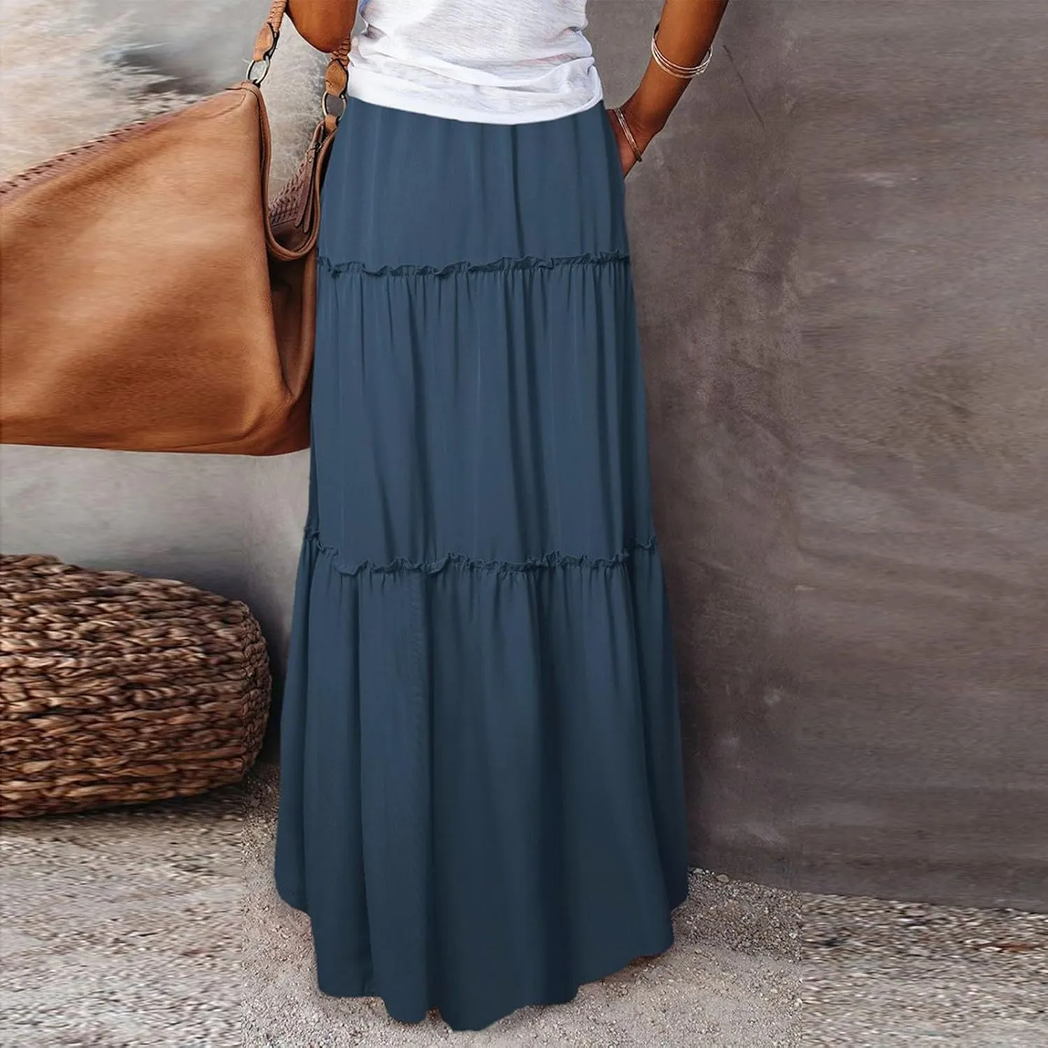 Long Skirts for Women Trendy Pleated Maxi Skirt Casual Drawstring High Waisted Flowy Tiered Long Skirt with Pockets