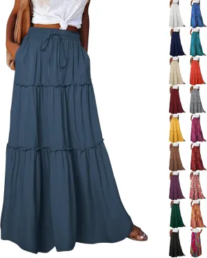Long Skirts for Women Trendy Pleated Maxi Skirt Casual Drawstring High Waisted Flowy Tiered Long Skirt with Pockets