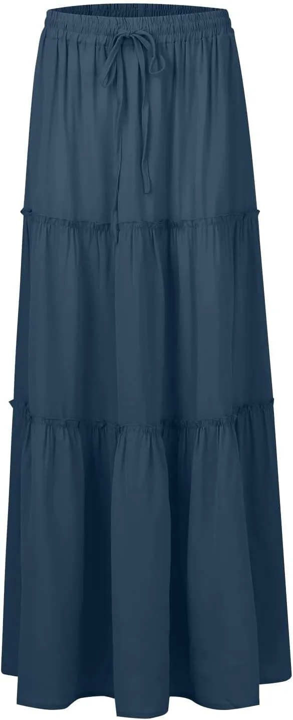 Long Skirts for Women Trendy Pleated Maxi Skirt Casual Drawstring High Waisted Flowy Tiered Long Skirt with Pockets