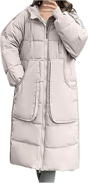 Long Winter Puffer Coat for Women Hooded Down Jacket With Pockets Waterproof Thick Quilted Maxi Puffer Parka Coat
