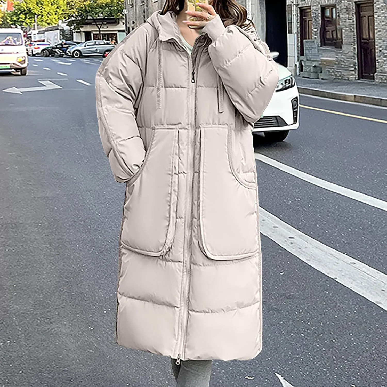 Long Winter Puffer Coat for Women Hooded Down Jacket With Pockets Waterproof Thick Quilted Maxi Puffer Parka Coat