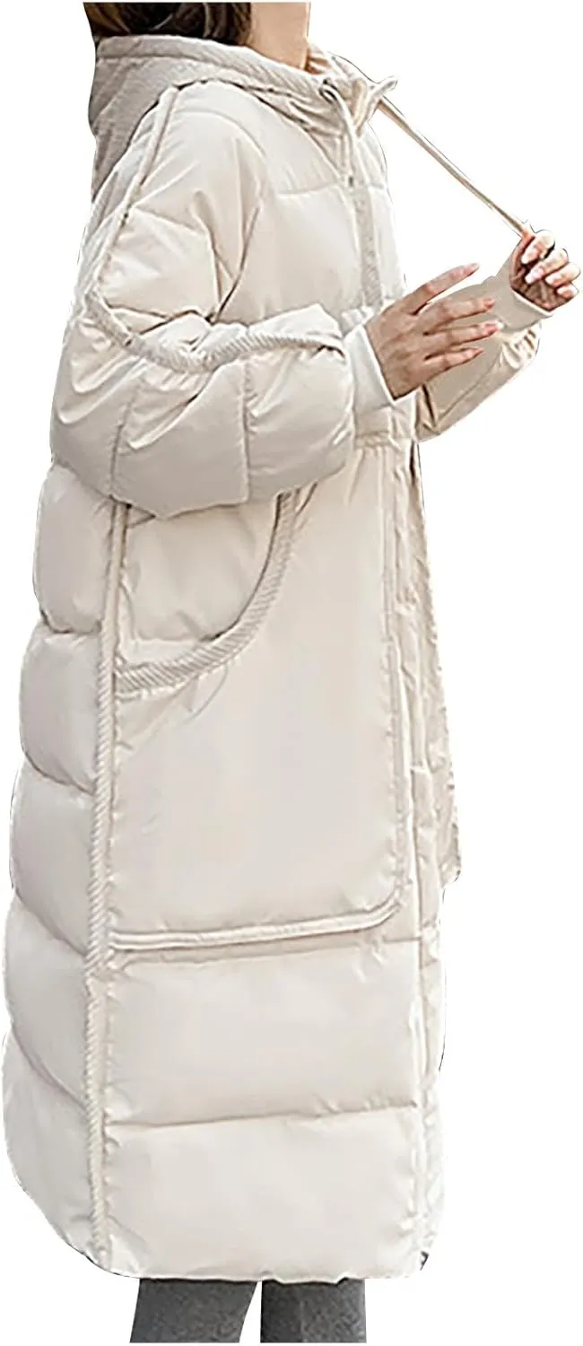 Long Winter Puffer Coat for Women Hooded Down Jacket With Pockets Waterproof Thick Quilted Maxi Puffer Parka Coat