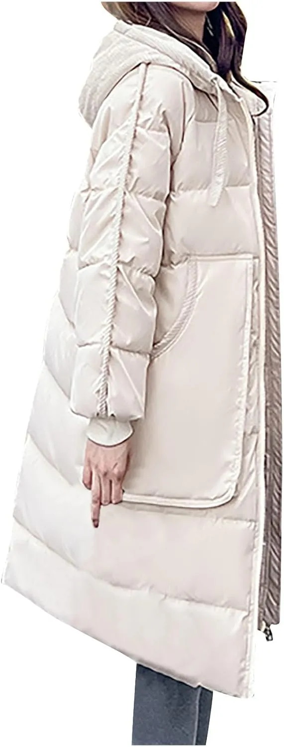 Long Winter Puffer Coat for Women Hooded Down Jacket With Pockets Waterproof Thick Quilted Maxi Puffer Parka Coat