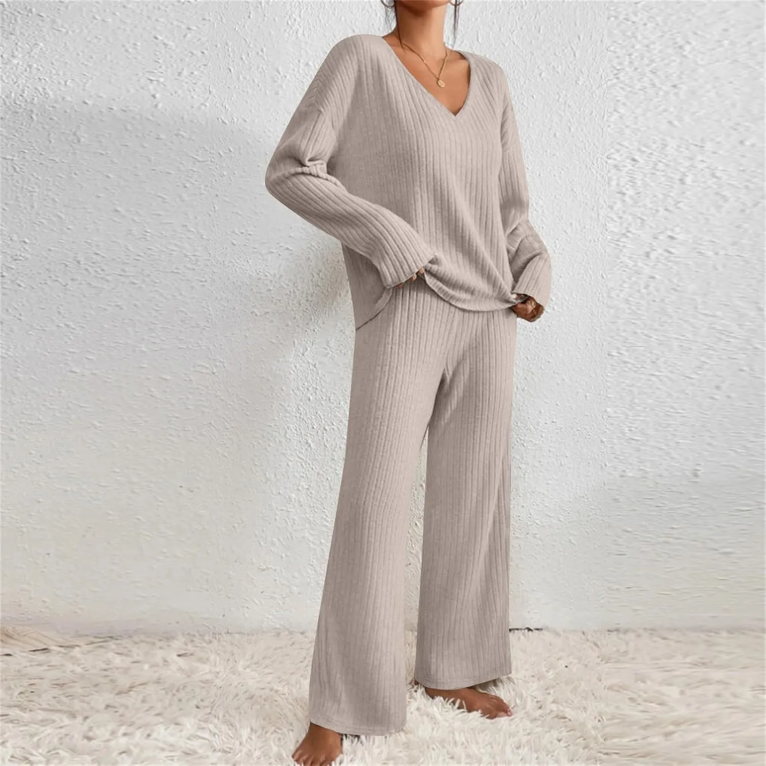 Lounge Sets for Women 2 Piece Postpartum Maternity Pajama Set Soft Ribbed Knit Long Sleeve Top Pants Matching Set