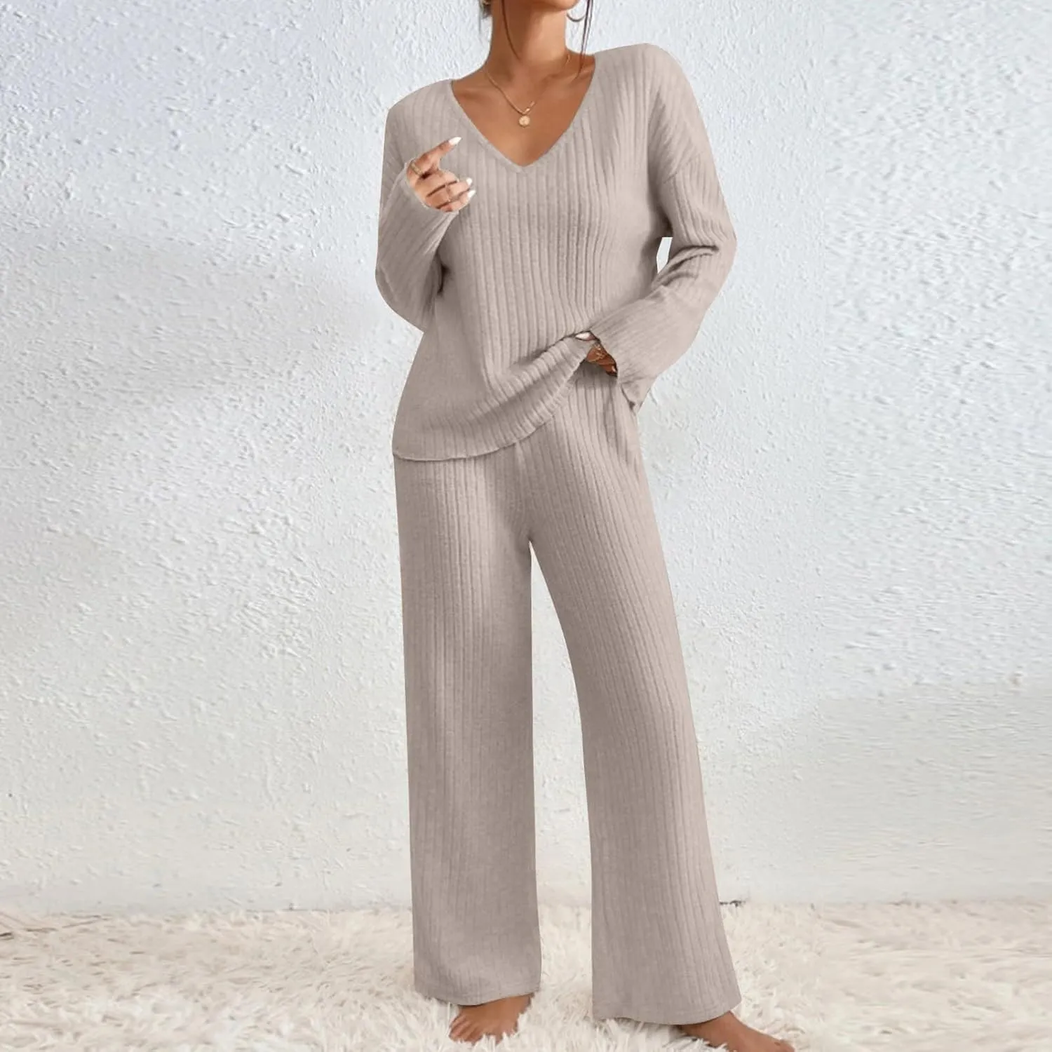 Lounge Sets for Women 2 Piece Postpartum Maternity Pajama Set Soft Ribbed Knit Long Sleeve Top Pants Matching Set