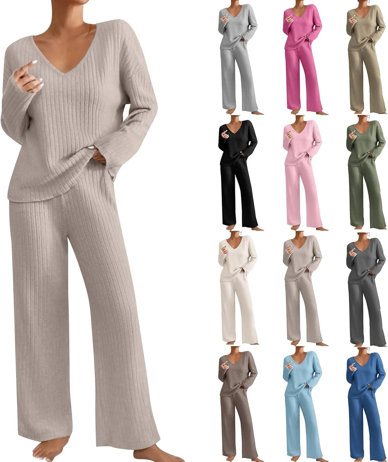 Lounge Sets for Women 2 Piece Postpartum Maternity Pajama Set Soft Ribbed Knit Long Sleeve Top Pants Matching Set