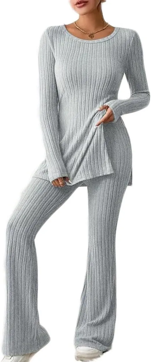 Lounge Sets for Women Knit Pajamas Long Sleeve Tops and Pants Soft Loungewear Set