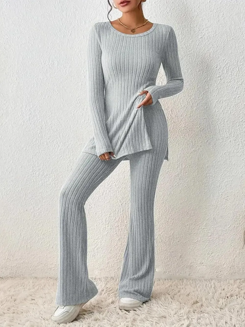 Lounge Sets for Women Knit Pajamas Long Sleeve Tops and Pants Soft Loungewear Set