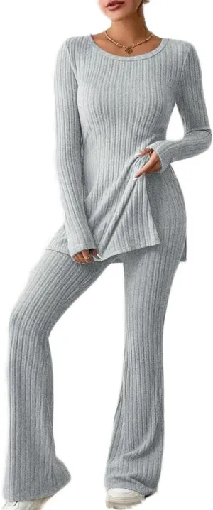 Lounge Sets for Women Knit Pajamas Long Sleeve Tops and Pants Soft Loungewear Set