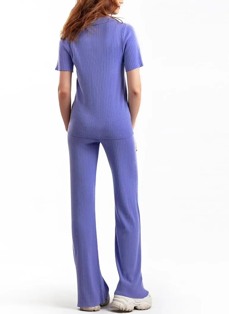 Lounge Sets for Women Knit Polo Sweater Pullover and Wide Leg Pants Loungewear