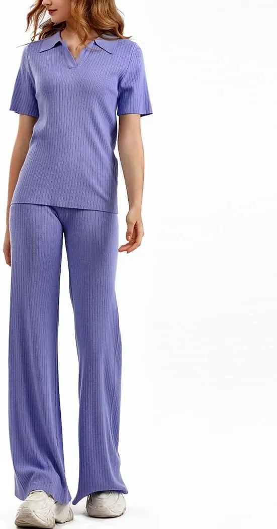 Lounge Sets for Women Knit Polo Sweater Pullover and Wide Leg Pants Loungewear