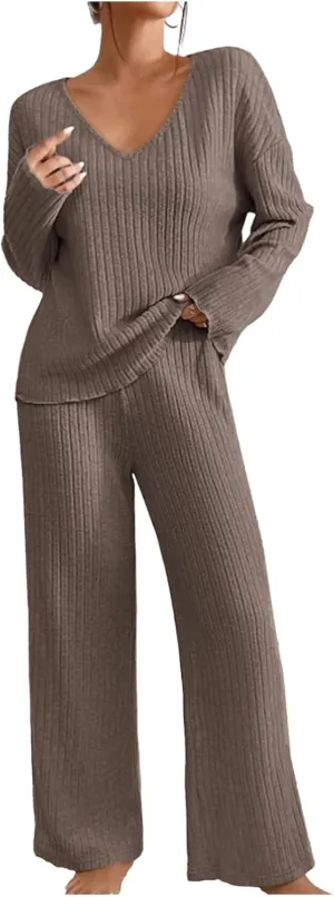 Lounge Sets Women 2 Piece Kint Outfits Comfy V Neck Tops and Pants Sets Casual Loungewear Baggy Airport Outfit