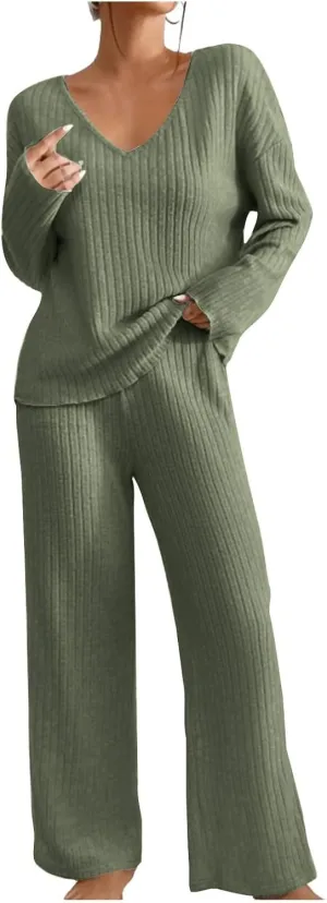 Lounge Sets Women 2 Piece Kint Outfits Comfy V Neck Tops and Pants Sets Casual Loungewear Baggy Airport Outfit