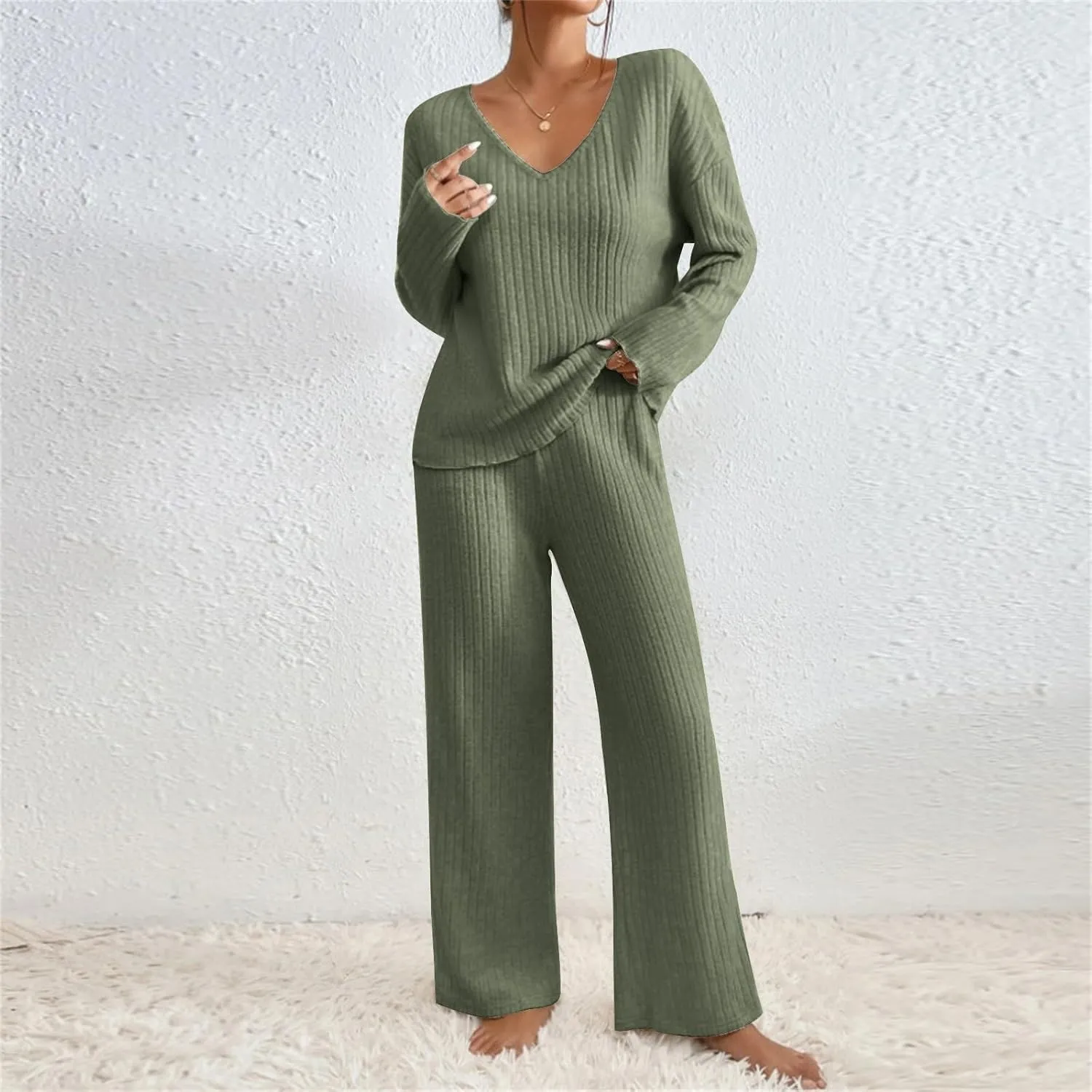 Lounge Sets Women 2 Piece Kint Outfits Comfy V Neck Tops and Pants Sets Casual Loungewear Baggy Airport Outfit