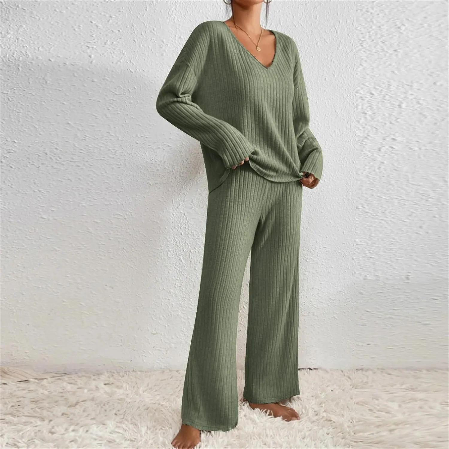 Lounge Sets Women 2 Piece Kint Outfits Comfy V Neck Tops and Pants Sets Casual Loungewear Baggy Airport Outfit