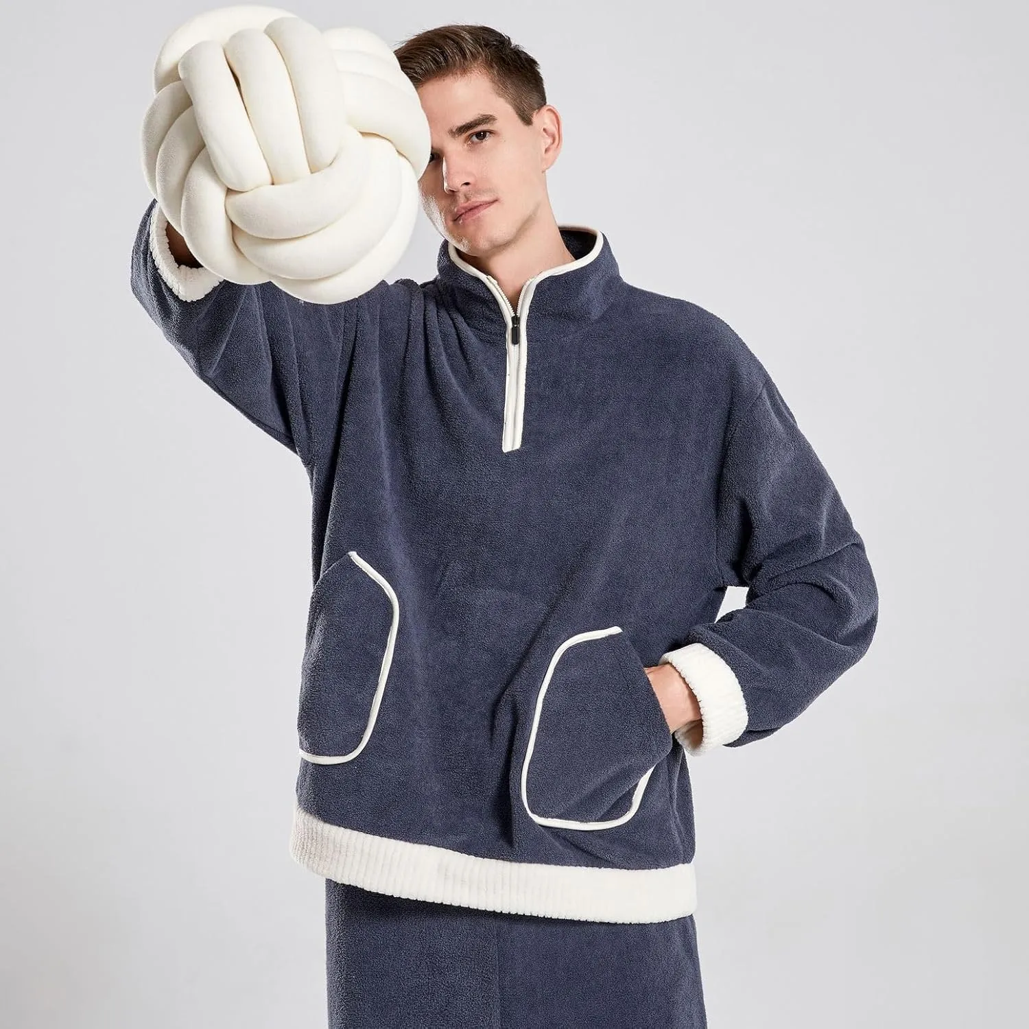 Lu's Chic Men's Fuzzy Pajama Set Cozy Sweatshirt Sweatpants 2 Piece Loose Lounge Set Oversized Casual Loungewear