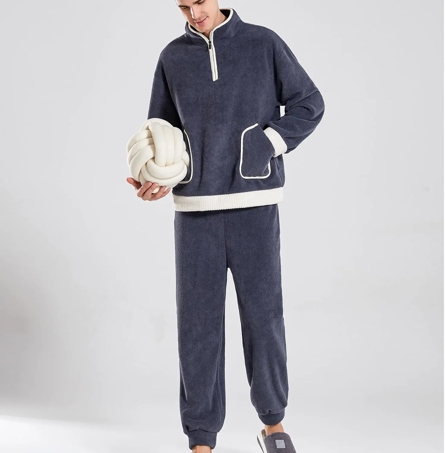 Lu's Chic Men's Fuzzy Pajama Set Cozy Sweatshirt Sweatpants 2 Piece Loose Lounge Set Oversized Casual Loungewear