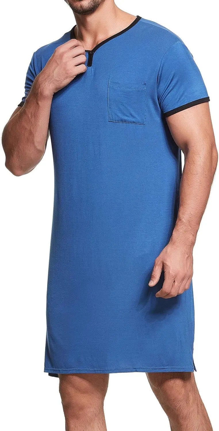 Lu's Chic Men's Nightshirt Short Sleeve Nightgown Henley Sleep Gowns Nightwear for Sleeping