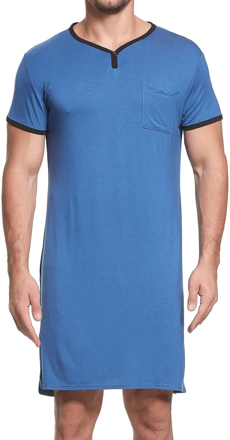 Lu's Chic Men's Nightshirt Short Sleeve Nightgown Henley Sleep Gowns Nightwear for Sleeping