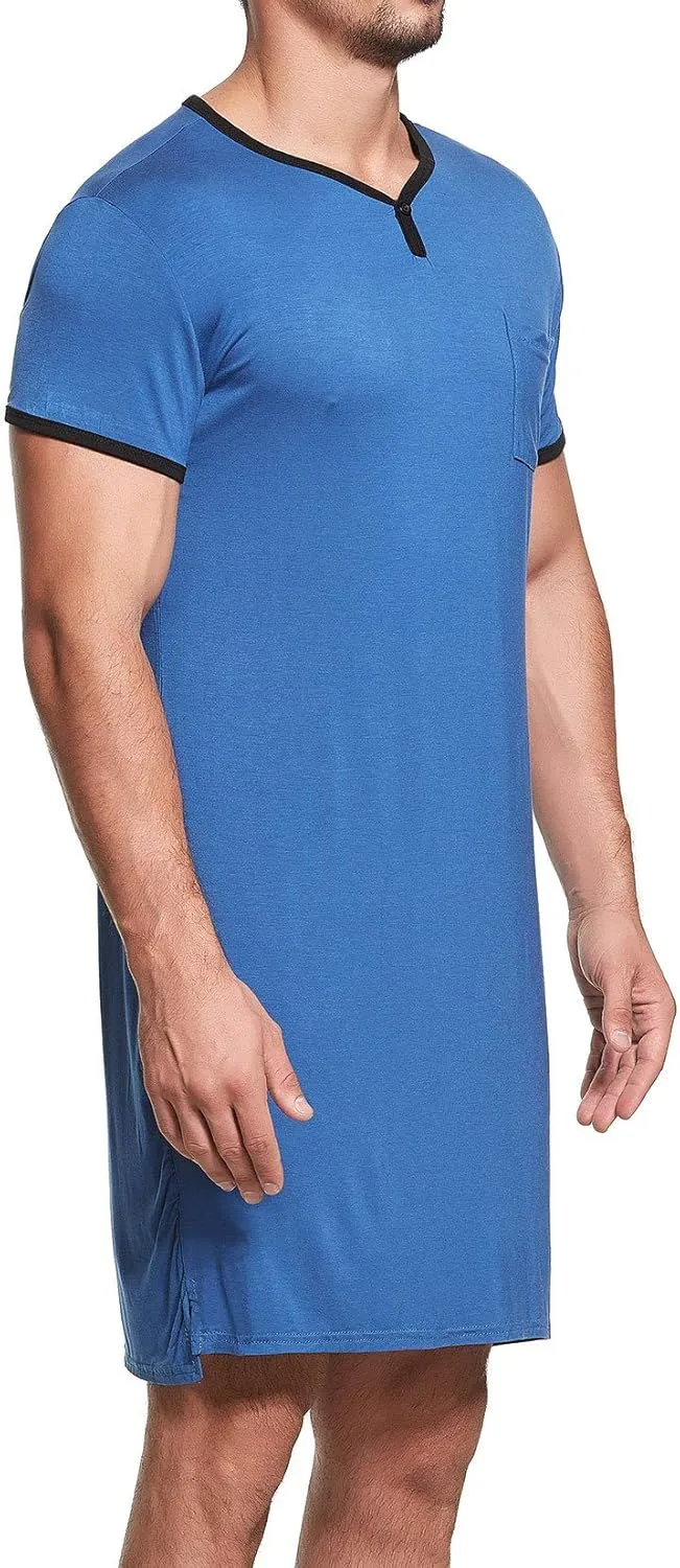 Lu's Chic Men's Nightshirt Short Sleeve Nightgown Henley Sleep Gowns Nightwear for Sleeping