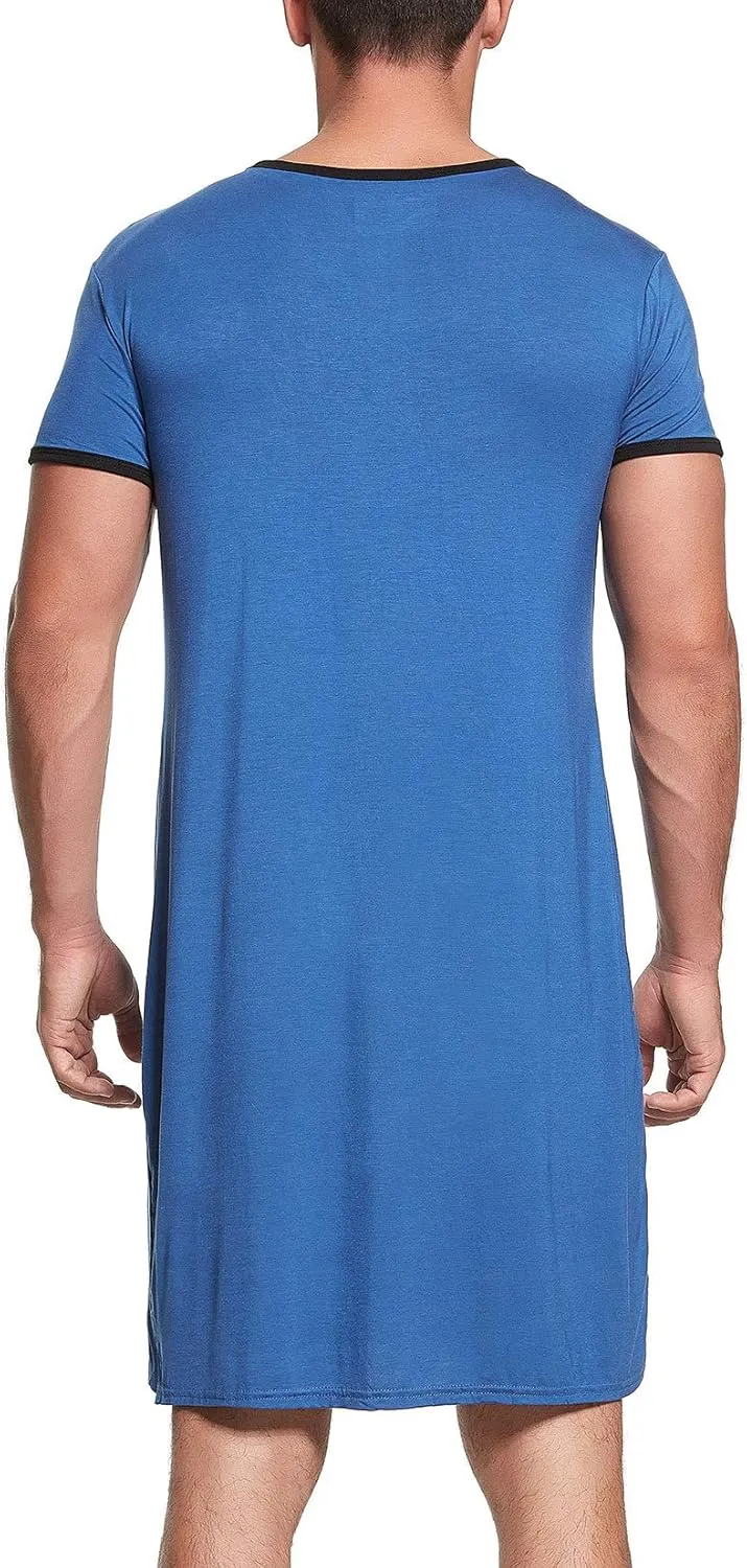 Lu's Chic Men's Nightshirt Short Sleeve Nightgown Henley Sleep Gowns Nightwear for Sleeping