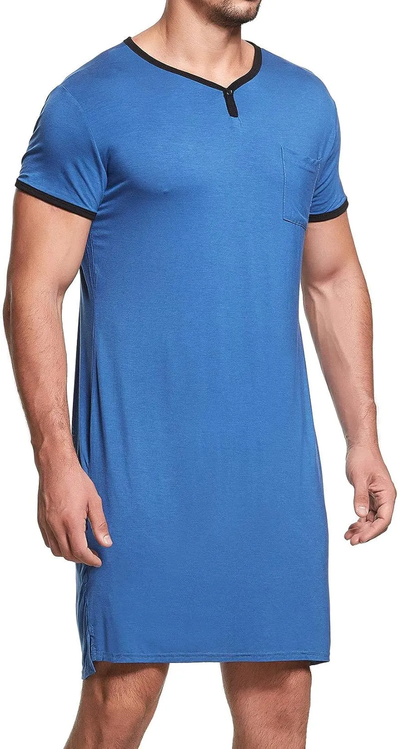 Lu's Chic Men's Nightshirt Short Sleeve Nightgown Henley Sleep Gowns Nightwear for Sleeping