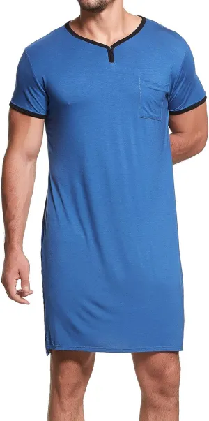 Lu's Chic Men's Nightshirt Short Sleeve Nightgown Henley Sleep Gowns Nightwear for Sleeping