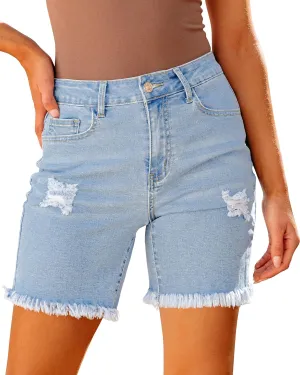 luvamia Jean Shorts for Women High Waisted Trendy Casual Distressed Stretchy Denim Long Shorts Ripped Raw Hem Shorts