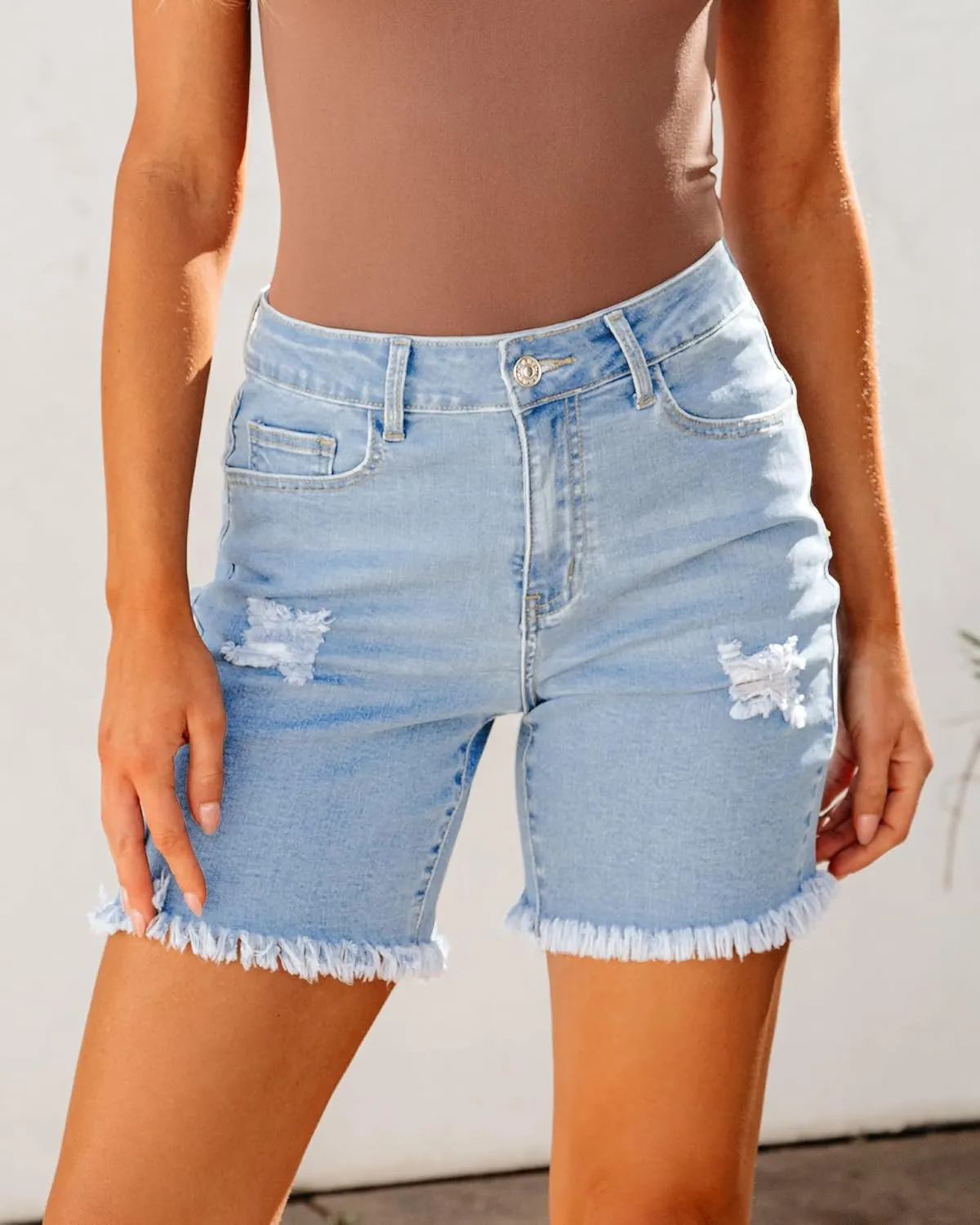 luvamia Jean Shorts for Women High Waisted Trendy Casual Distressed Stretchy Denim Long Shorts Ripped Raw Hem Shorts