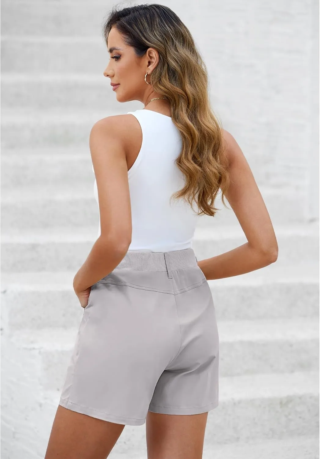 luvamia Shorts for Women Trendy Casual Summer High Waisted Chino Shorts Ribbed Elastic Waist Comfy Shorts with Pockets
