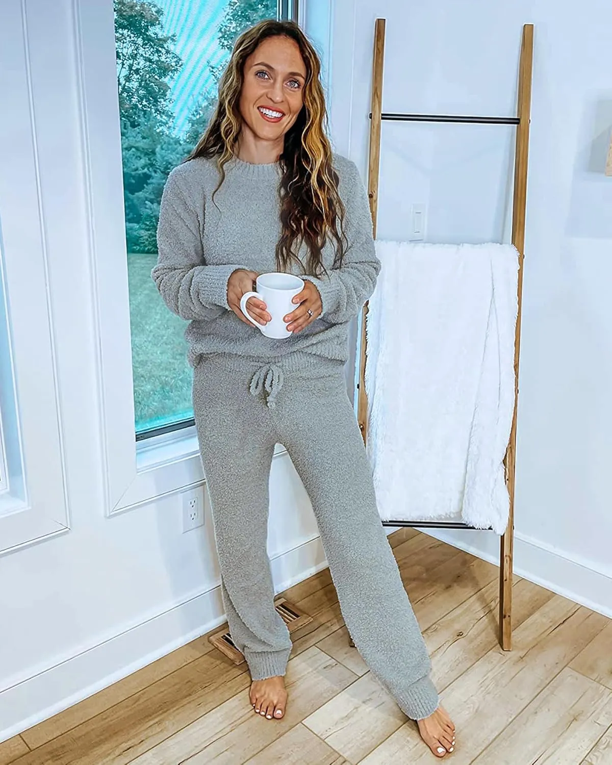 luvamia Women's Casual Pajama Set Fuzzy Fleece Knitted Long Sleeve Pj Loungewear