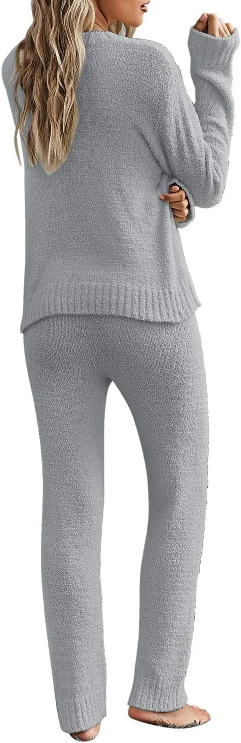 luvamia Women's Casual Pajama Set Fuzzy Fleece Knitted Long Sleeve Pj Loungewear