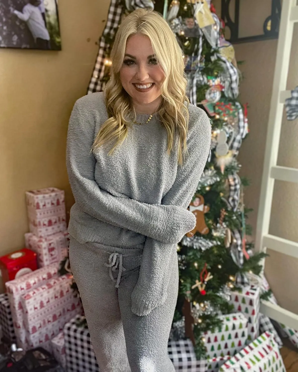 luvamia Women's Casual Pajama Set Fuzzy Fleece Knitted Long Sleeve Pj Loungewear