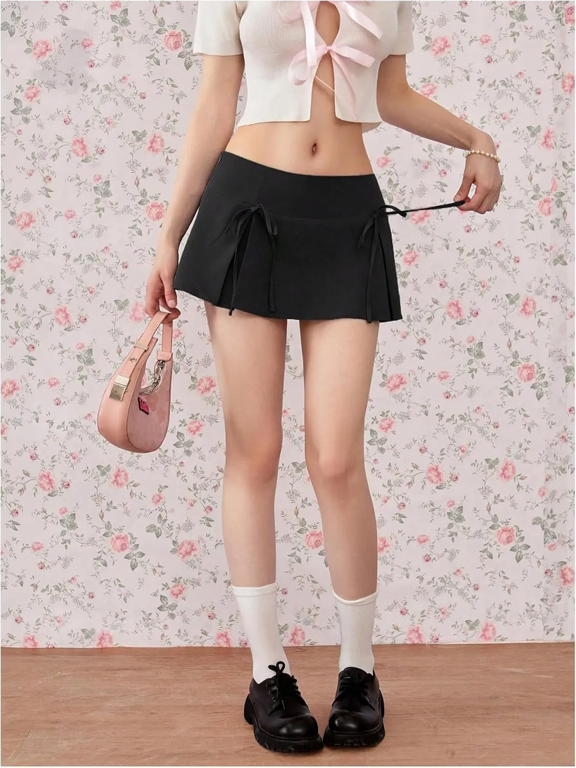 MakeMeChic Women's Y2k Skirts Summer Bowknot Pleated Skirt A Line Preppy Mini Skirts
