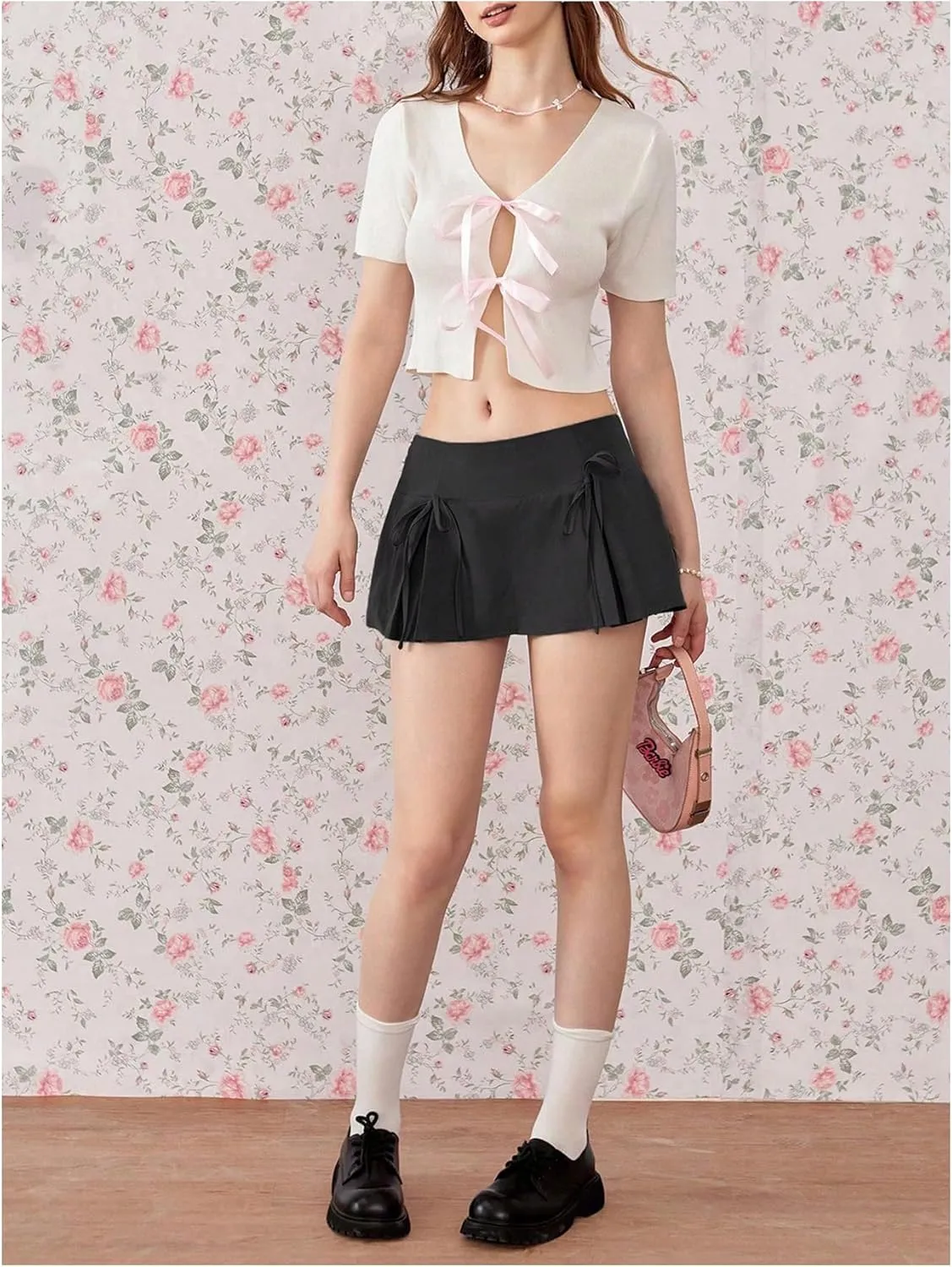 MakeMeChic Women's Y2k Skirts Summer Bowknot Pleated Skirt A Line Preppy Mini Skirts