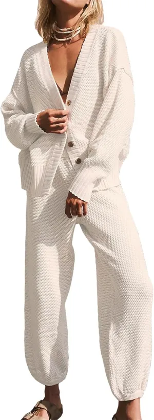 Matching Lounge Sets for Women Waffle Knit Cardigan and High Waist Pants Sets Casual Loungewear Sweater Sets Fall