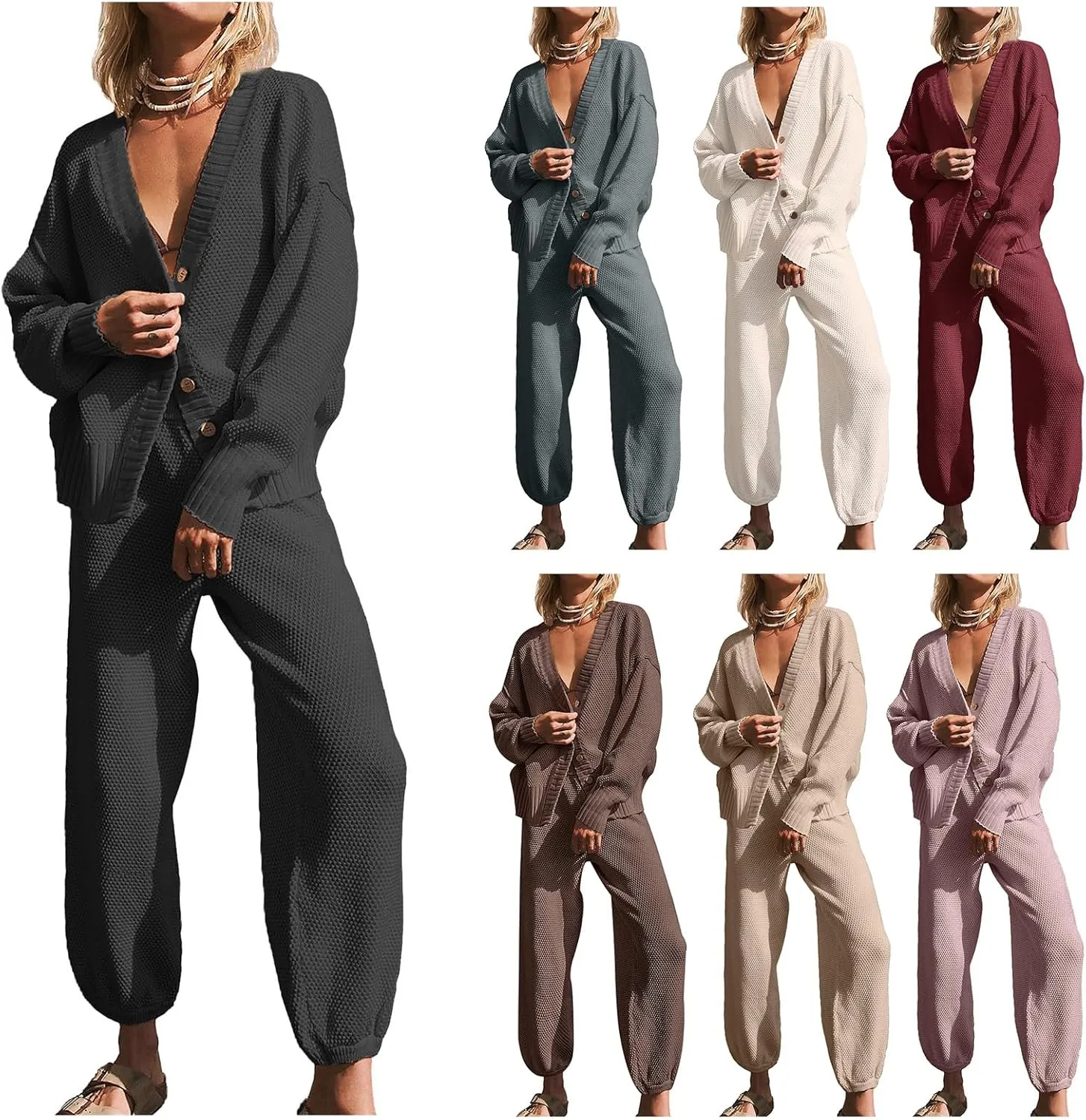 Matching Lounge Sets for Women Waffle Knit Cardigan and High Waist Pants Sets Casual Loungewear Sweater Sets Fall