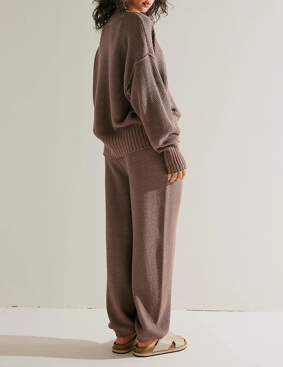 Matching Lounge Sets for Women Waffle Knit Cardigan and High Waist Pants Sets Casual Loungewear Sweater Sets Fall