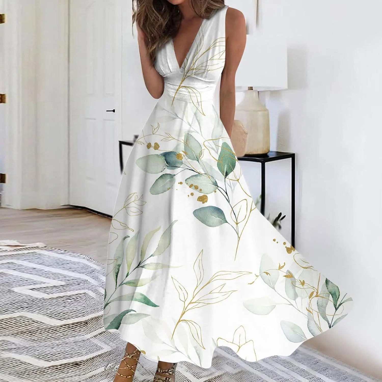 Maxi Dresses for Women 2024 Pink Spring Long Maxi Dress Summer Sleeveless V Neck Boho Waist Retraction Printed Dress