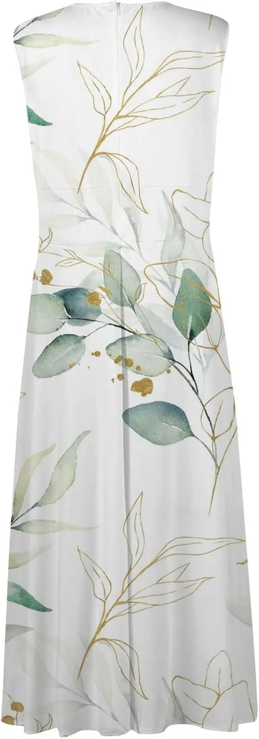 Maxi Dresses for Women 2024 Pink Spring Long Maxi Dress Summer Sleeveless V Neck Boho Waist Retraction Printed Dress