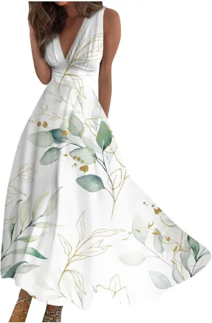 Maxi Dresses for Women 2024 Pink Spring Long Maxi Dress Summer Sleeveless V Neck Boho Waist Retraction Printed Dress
